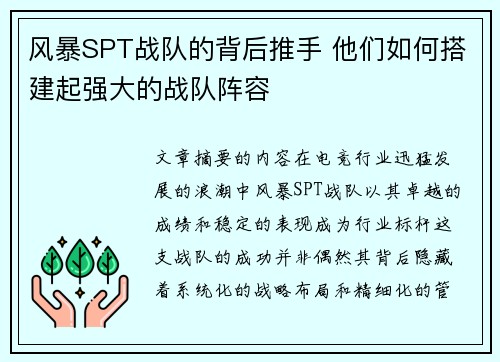 风暴SPT战队的背后推手 他们如何搭建起强大的战队阵容
